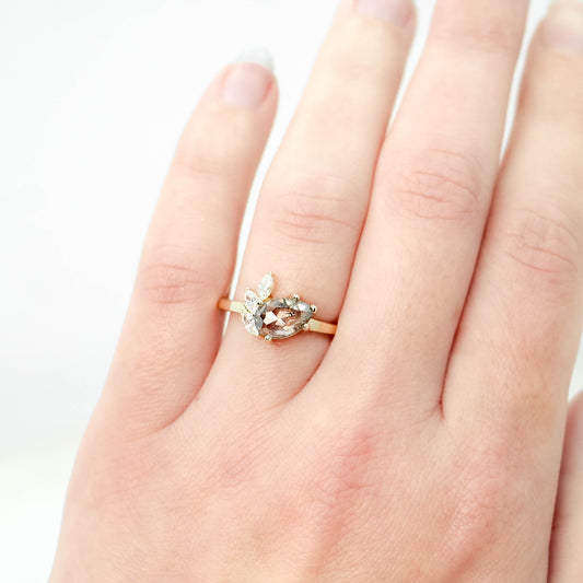 Alyssa Ring with a 1.47 Carat Dark and Clear Champagne Pear Diamond and White Accent Diamonds in 14k Yellow Gold - Ready to Size and Ship - Midwinter Co. Alternative Bridal Rings and Modern Fine Jewelry