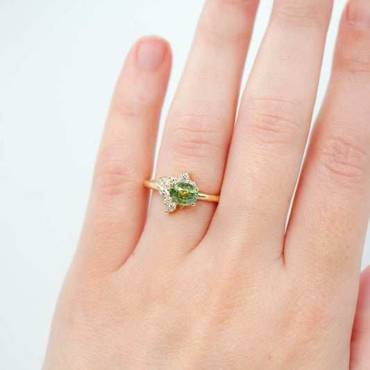 Amaya Ring with a 1.25 Carat Green Oval Sapphire and White Accent Diamonds in 14k Yellow Gold - Ready to Size and Ship - Midwinter Co. Alternative Bridal Rings and Modern Fine Jewelry