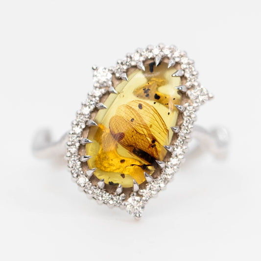 Beatrix Ring with a 1.33 Carat Pear Cabochon Amber with Internal Insect Wings and White Accent Diamonds in 14k White Gold - Ready to Size and Ship - Midwinter Co. Alternative Bridal Rings and Modern Fine Jewelry