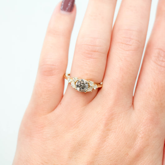 Andia Ring with a 1.10 Carat Round Gray Salt and Pepper Diamond and White Accent Diamonds in 14k Yellow Gold - Ready to Size and Ship - Midwinter Co. Alternative Bridal Rings and Modern Fine Jewelry