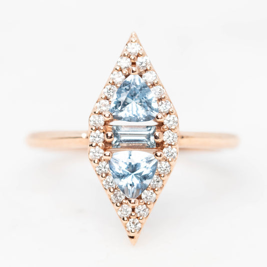 Valentina Ring with Trillion Aquamarines and Accent Diamonds in 10k Rose Gold - Ready to Size and Ship - Midwinter Co. Alternative Bridal Rings and Modern Fine Jewelry
