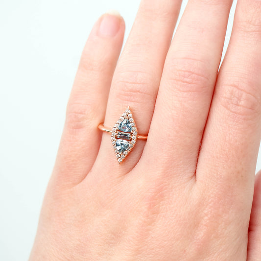 Valentina Ring with Trillion Aquamarines and Accent Diamonds in 10k Rose Gold - Ready to Size and Ship - Midwinter Co. Alternative Bridal Rings and Modern Fine Jewelry