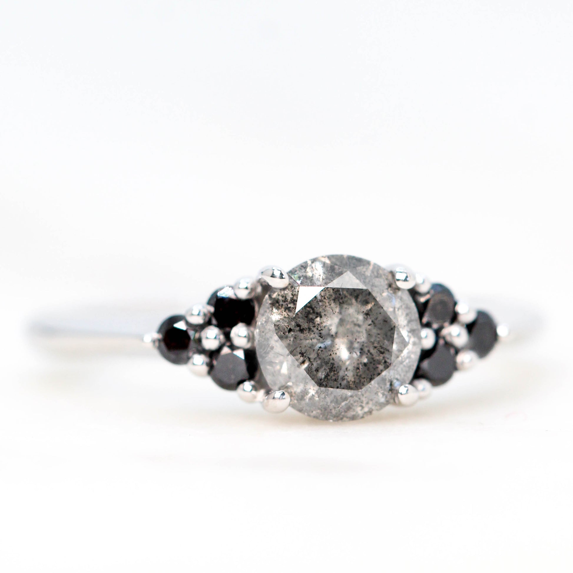 Aster Ring with a 1.10 Carat Dark Gray Round Diamond and Black Accent Diamonds in 14k White Gold - Ready to Size and Ship - Midwinter Co. Alternative Bridal Rings and Modern Fine Jewelry