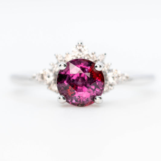 Athena Ring with a 1.72 Carat Round Berry Sapphire and White Accent Diamonds in 14k White Gold - Ready to Size and Ship