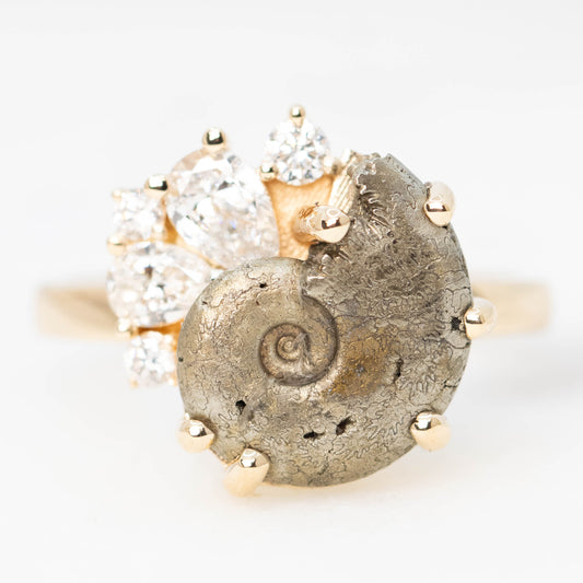 Calypso Ring with an Ammonite Fossil and White Accent Diamonds - Made to Order - Midwinter Co. Alternative Bridal Rings and Modern Fine Jewelry