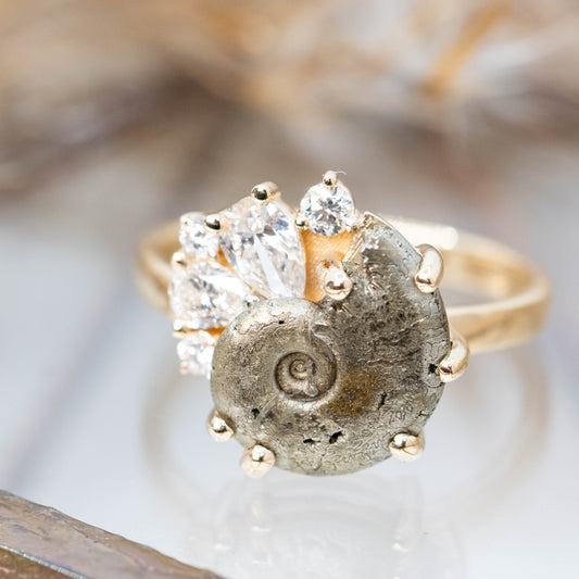 Calypso Ring with an Ammonite Fossil and White Accent Diamonds - Made to Order - Midwinter Co. Alternative Bridal Rings and Modern Fine Jewelry