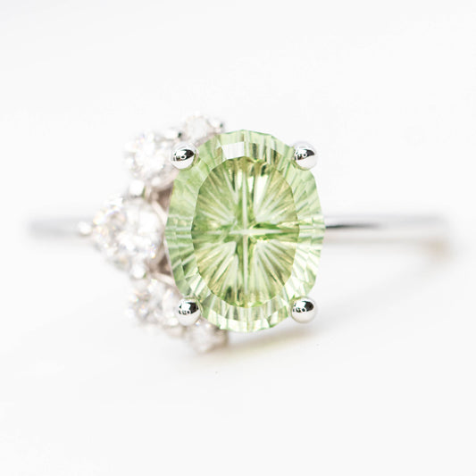 Carell Ring with a 2.72 Carat Fantasy Cut Oval Mint Green Montana Sapphire and White Canadian Accent Diamonds in 14k White Gold - Ready to Size and Ship - Midwinter Co. Alternative Bridal Rings and Modern Fine Jewelry