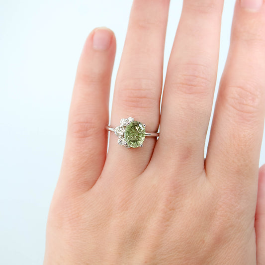 Carell Ring with a 2.72 Carat Fantasy Cut Oval Mint Green Montana Sapphire and White Canadian Accent Diamonds in 14k White Gold - Ready to Size and Ship - Midwinter Co. Alternative Bridal Rings and Modern Fine Jewelry