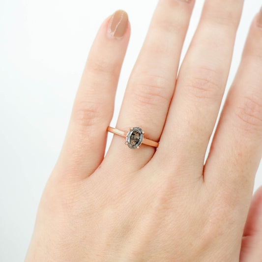 Charlie Ring with a 1.24 Carat Dark Gray Salt and Pepper Oval Diamond and Hidden Accent Diamonds in 14k Rose Gold - Ready to Size and Ship - Midwinter Co. Alternative Bridal Rings and Modern Fine Jewelry
