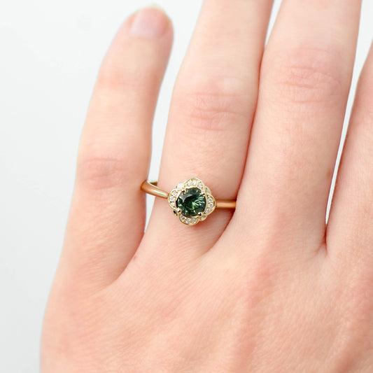 Clover Ring with a 0.47 Carat Green Round Sapphire and White Accent Diamonds in 14k Yellow Gold - Ready to Size and Ship - Midwinter Co. Alternative Bridal Rings and Modern Fine Jewelry