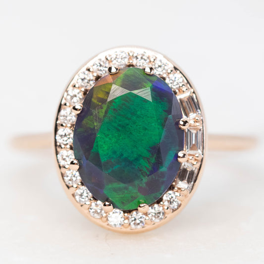 Collins Ring with a 1.35 Carat Black Oval Opal and White Accent Diamonds in 14k Rose Gold - Ready to Size and Ship - Midwinter Co. Alternative Bridal Rings and Modern Fine Jewelry