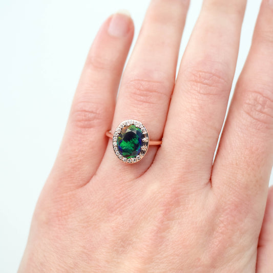 Collins Ring with a 1.35 Carat Black Oval Opal and White Accent Diamonds in 14k Rose Gold - Ready to Size and Ship - Midwinter Co. Alternative Bridal Rings and Modern Fine Jewelry