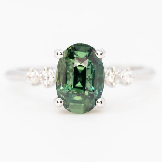 CAELEN (J) Cordelia Ring with a 2.63 Carat Teal Oval Sapphire and White Accent Diamonds in 14k White Gold - Ready to Size and Ship - Midwinter Co. Alternative Bridal Rings and Modern Fine Jewelry
