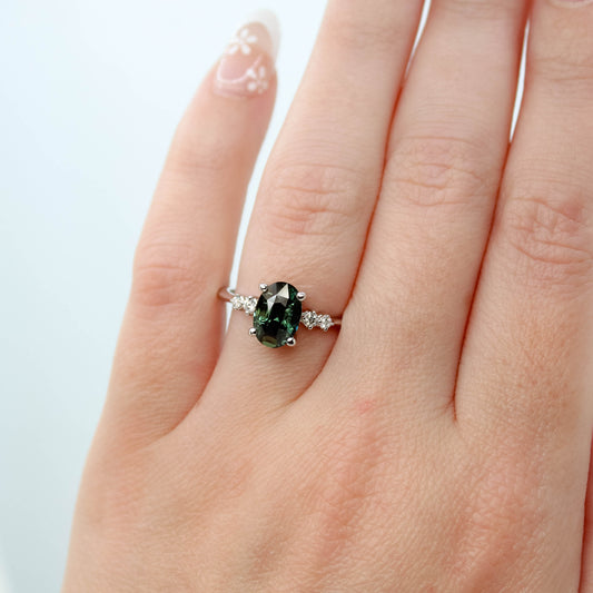 CAELEN (J) Cordelia Ring with a 2.63 Carat Teal Oval Sapphire and White Accent Diamonds in 14k White Gold - Ready to Size and Ship - Midwinter Co. Alternative Bridal Rings and Modern Fine Jewelry