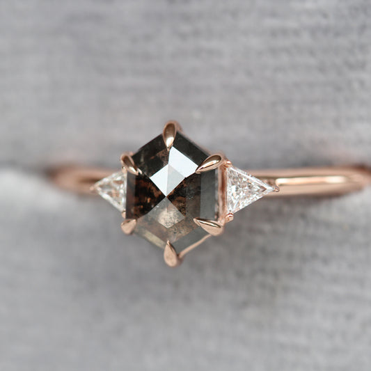Project: Custom 1 Carat Hexagon Salt and Pepper Black Gray Rose Cut Diamond and White Triangle Accent Diamonds in 14k - Midwinter Co. Alternative Bridal Rings and Modern Fine Jewelry