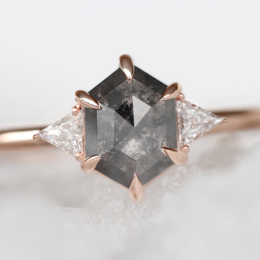 Project: Custom 1 Carat Hexagon Salt and Pepper Black Gray Rose Cut Diamond and White Triangle Accent Diamonds in 14k - Midwinter Co. Alternative Bridal Rings and Modern Fine Jewelry