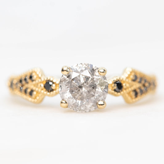 Darian Ring with a 1.06 Carat Gray Salt and Pepper Round Diamond and Black Accent Diamonds in 10k Yellow Gold - Ready to Size and Ship - Midwinter Co. Alternative Bridal Rings and Modern Fine Jewelry