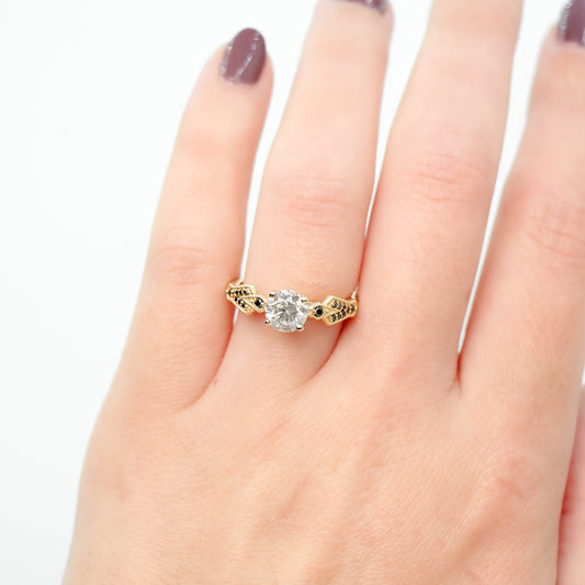 Darian Ring with a 1.06 Carat Gray Salt and Pepper Round Diamond and Black Accent Diamonds in 10k Yellow Gold - Ready to Size and Ship - Midwinter Co. Alternative Bridal Rings and Modern Fine Jewelry