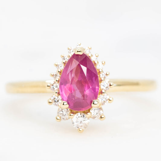 Eleanor Ring with a 1.22 Carat Pink Pear Sapphire Ruby and White Accent Diamonds in 14k Yellow Gold - Ready to Size and Ship - Midwinter Co. Alternative Bridal Rings and Modern Fine Jewelry