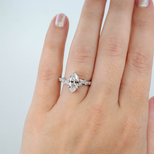 Elodie Ring with a 1.43 Carat Lab Grown Marquise Diamond and White Accent Diamonds in 14k White Gold - Ready to Size and Ship - Midwinter Co. Alternative Bridal Rings and Modern Fine Jewelry