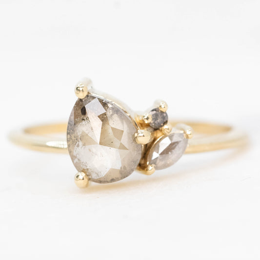 Francine Ring with a 0.97 Carat Champagne Gray Pear Diamond and Salt and Pepper Diamond Accents in 14k Yellow Gold - Ready to Size and Ship - Midwinter Co. Alternative Bridal Rings and Modern Fine Jewelry