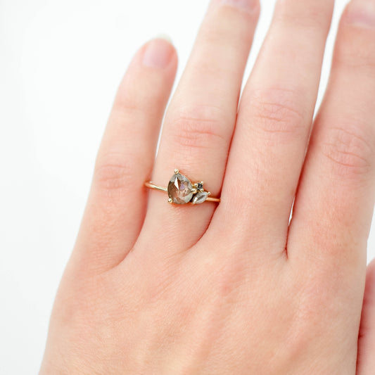 Francine Ring with a 0.97 Carat Champagne Gray Pear Diamond and Salt and Pepper Diamond Accents in 14k Yellow Gold - Ready to Size and Ship - Midwinter Co. Alternative Bridal Rings and Modern Fine Jewelry