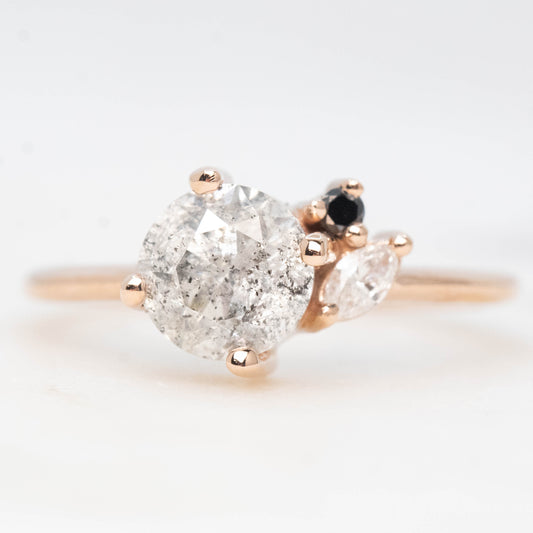 Francine Ring with a 1.34 Carat Round Gray Salt and Pepper Diamond and Black and White Accent Diamonds in 14k Rose Gold - Ready to Size and Ship - Midwinter Co. Alternative Bridal Rings and Modern Fine Jewelry