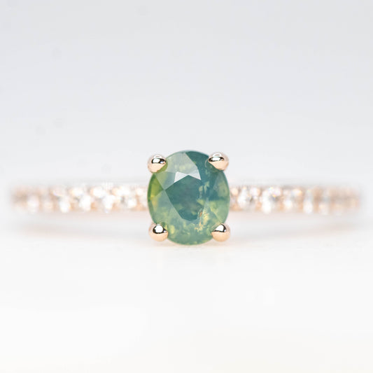 Gayle Ring with a 0.85 Carat Opalescent Teal Oval Sapphire and White Accent Diamonds in 14k Rose Gold - Ready to Size and Ship - Midwinter Co. Alternative Bridal Rings and Modern Fine Jewelry