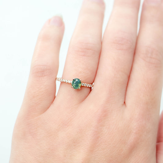 Gayle Ring with a 0.85 Carat Opalescent Teal Oval Sapphire and White Accent Diamonds in 14k Rose Gold - Ready to Size and Ship - Midwinter Co. Alternative Bridal Rings and Modern Fine Jewelry