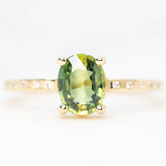 Heath Ring with a 1.20 Carat Green Oval Sapphire and White Accent Diamonds in 14k Yellow Gold - Ready to Size and Ship - Midwinter Co. Alternative Bridal Rings and Modern Fine Jewelry