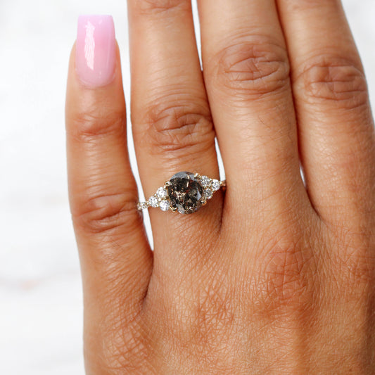 Alexandra Ring with a 2.75 Carat Oval Champagne Salt and Pepper Diamond and White Accent Diamonds in 14k Yellow Gold - Ready to Size and Ship - Midwinter Co. Alternative Bridal Rings and Modern Fine Jewelry