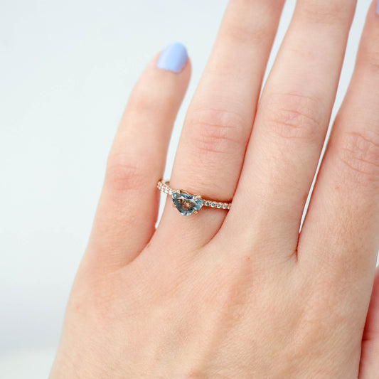 Gayle Ring with a 1.03 Carat Teal Trillion Sapphire and White Accent Diamonds in 14k Rose Gold - Ready to Size and Ship - Midwinter Co. Alternative Bridal Rings and Modern Fine Jewelry