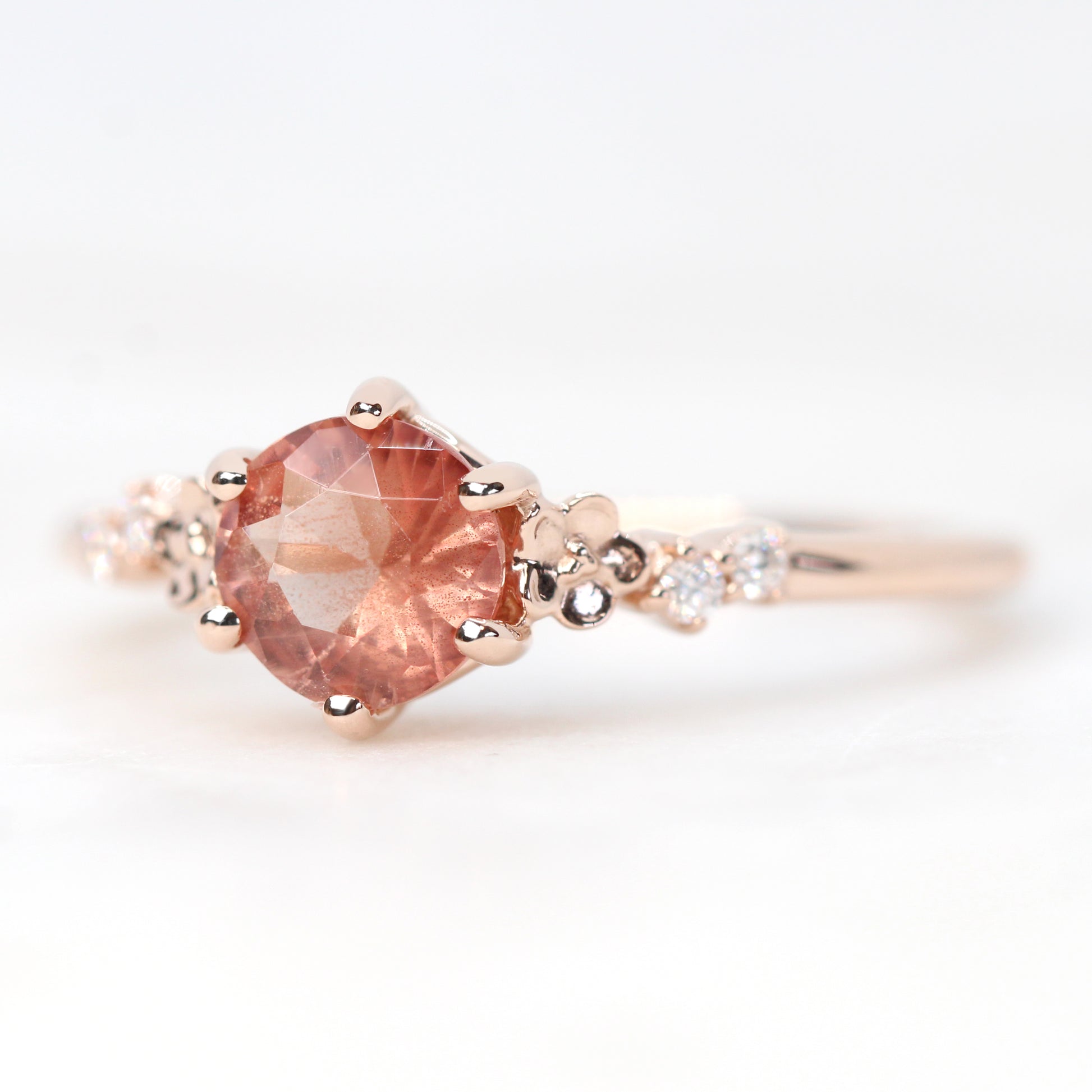 Meadow Ring with a 0.70 Carat Round Sunstone and White Accent Diamonds in 14k Rose Gold - Ready to Size and Ship - Midwinter Co. Alternative Bridal Rings and Modern Fine Jewelry