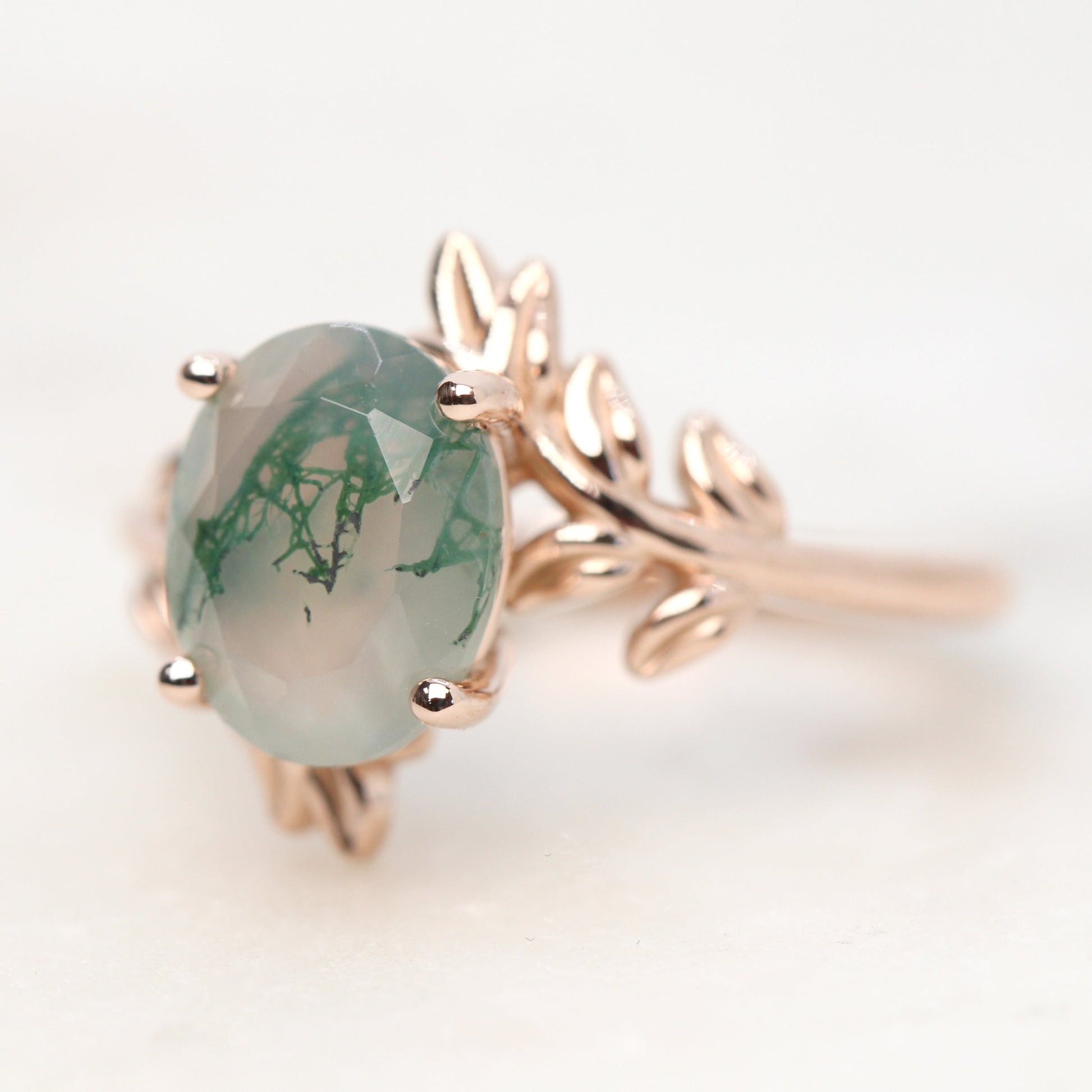 Sara Ring with a 2.50 Carat Oval Moss Agate in 14k Rose Gold - Ready to Size and Ship - Midwinter Co. Alternative Bridal Rings and Modern Fine Jewelry