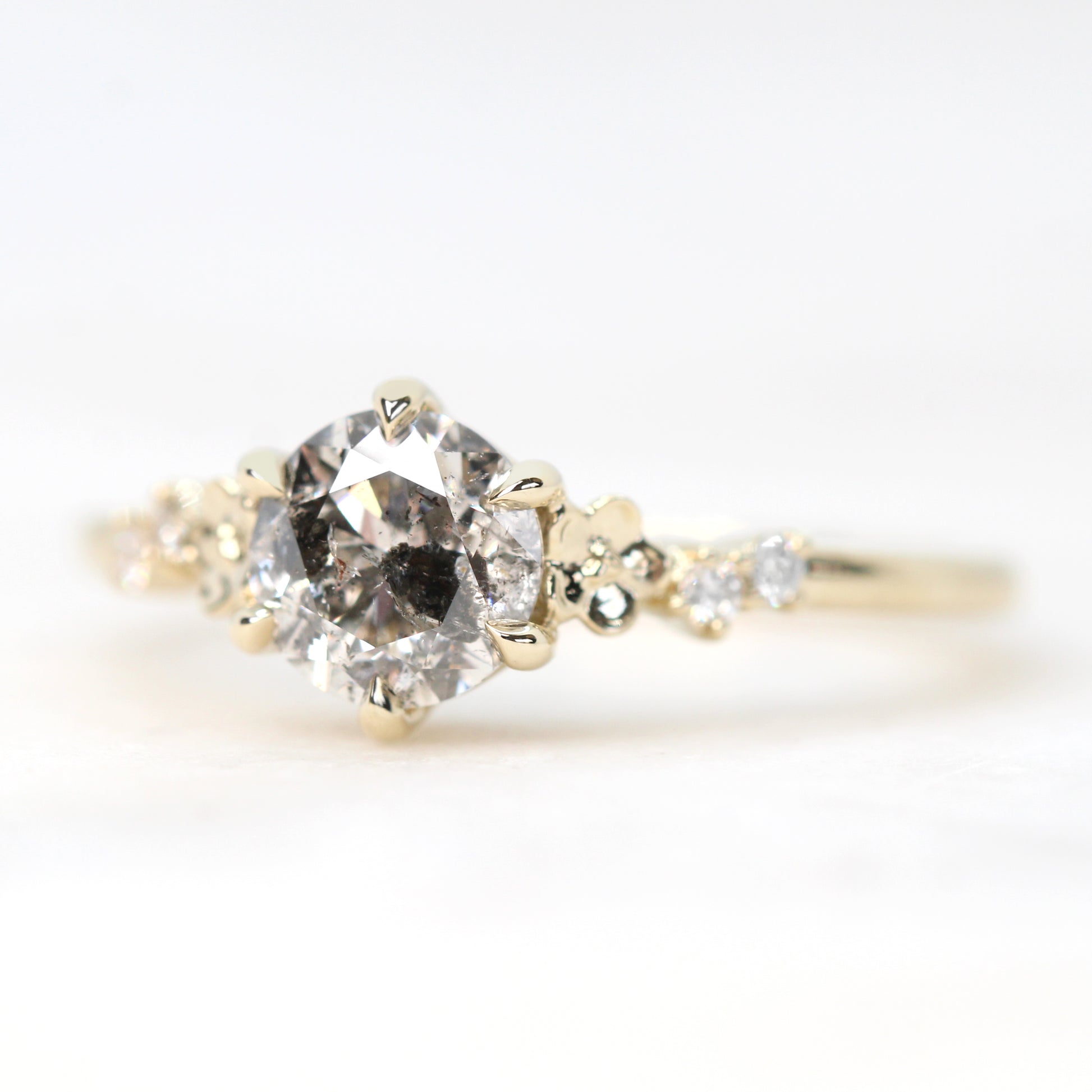Meadow Ring with a 1.00 Carat Round Dark Gray Salt and Pepper Diamond and White Accent Diamonds in 14k Yellow Gold - Ready to Size and Ship - Midwinter Co. Alternative Bridal Rings and Modern Fine Jewelry