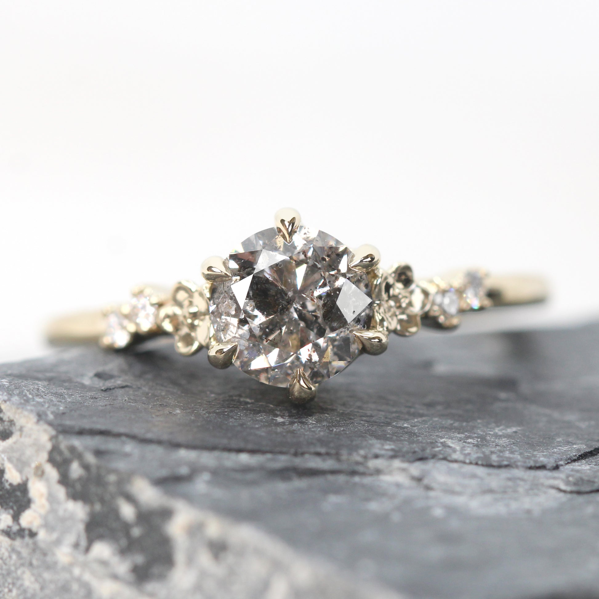Meadow Ring with a 1.00 Carat Round Dark Gray Salt and Pepper Diamond and White Accent Diamonds in 14k Yellow Gold - Ready to Size and Ship - Midwinter Co. Alternative Bridal Rings and Modern Fine Jewelry
