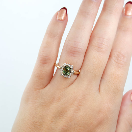 Meghan Ring with a 1.23 Carat Green Emerald Cut Sapphire and White Accent Diamonds in 14k Yellow Gold - Ready to Size and Ship - Midwinter Co. Alternative Bridal Rings and Modern Fine Jewelry