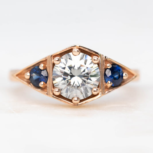 Cassia Ring with a 1.00 Carat Round Gray Moissanite and Blue Sapphire Accents in 10k Rose Gold - Ready to Size and Ship - Midwinter Co. Alternative Bridal Rings and Modern Fine Jewelry