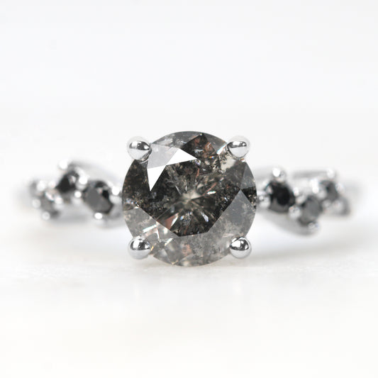 Zealan Ring with a 1.60 Carat Round Black Salt and Pepper Diamond and Black Accent Diamonds in 14k White Gold - Ready to Size and Ship - Midwinter Co. Alternative Bridal Rings and Modern Fine Jewelry