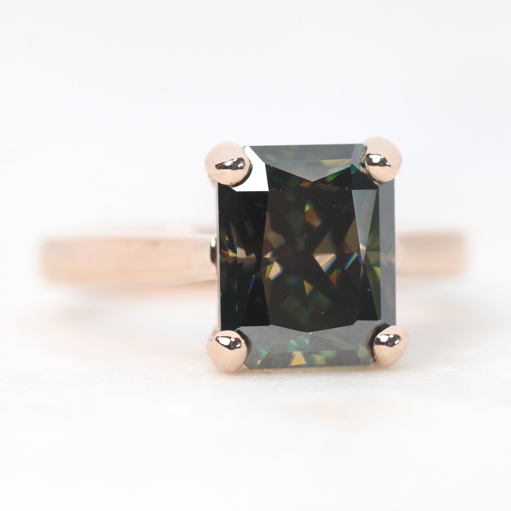 Lexi Ring with a 4.00 Carat Emerald Cut Black and Teal Moissanite in 14k Rose Gold - Ready to Size and Ship - Midwinter Co. Alternative Bridal Rings and Modern Fine Jewelry