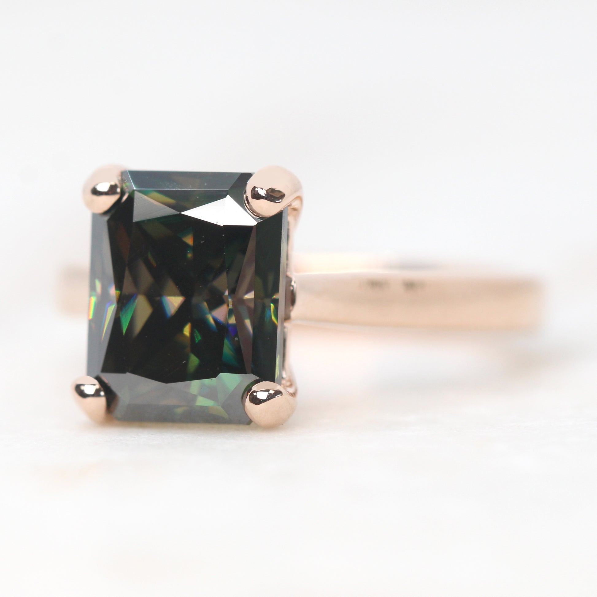 Lexi Ring with a 4.00 Carat Emerald Cut Black and Teal Moissanite in 14k Rose Gold - Ready to Size and Ship - Midwinter Co. Alternative Bridal Rings and Modern Fine Jewelry