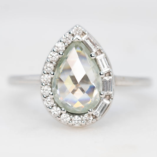 Collins Ring with a 1.00 Carat Clear Pear Moissanite and White Accent Diamonds in 10k White Gold - Ready to Size and Ship - Midwinter Co. Alternative Bridal Rings and Modern Fine Jewelry