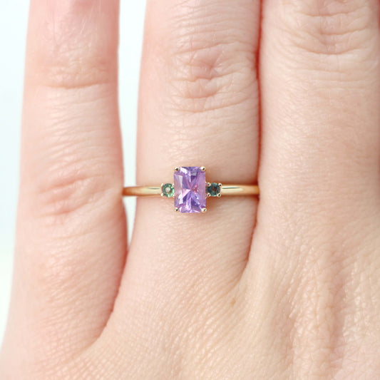 Terra Ring with a 0.81 Carat Radiant Cut Purple Sapphire and Teal Sapphire Accents in 14k Yellow Gold - Ready to Size and Ship - Midwinter Co. Alternative Bridal Rings and Modern Fine Jewelry