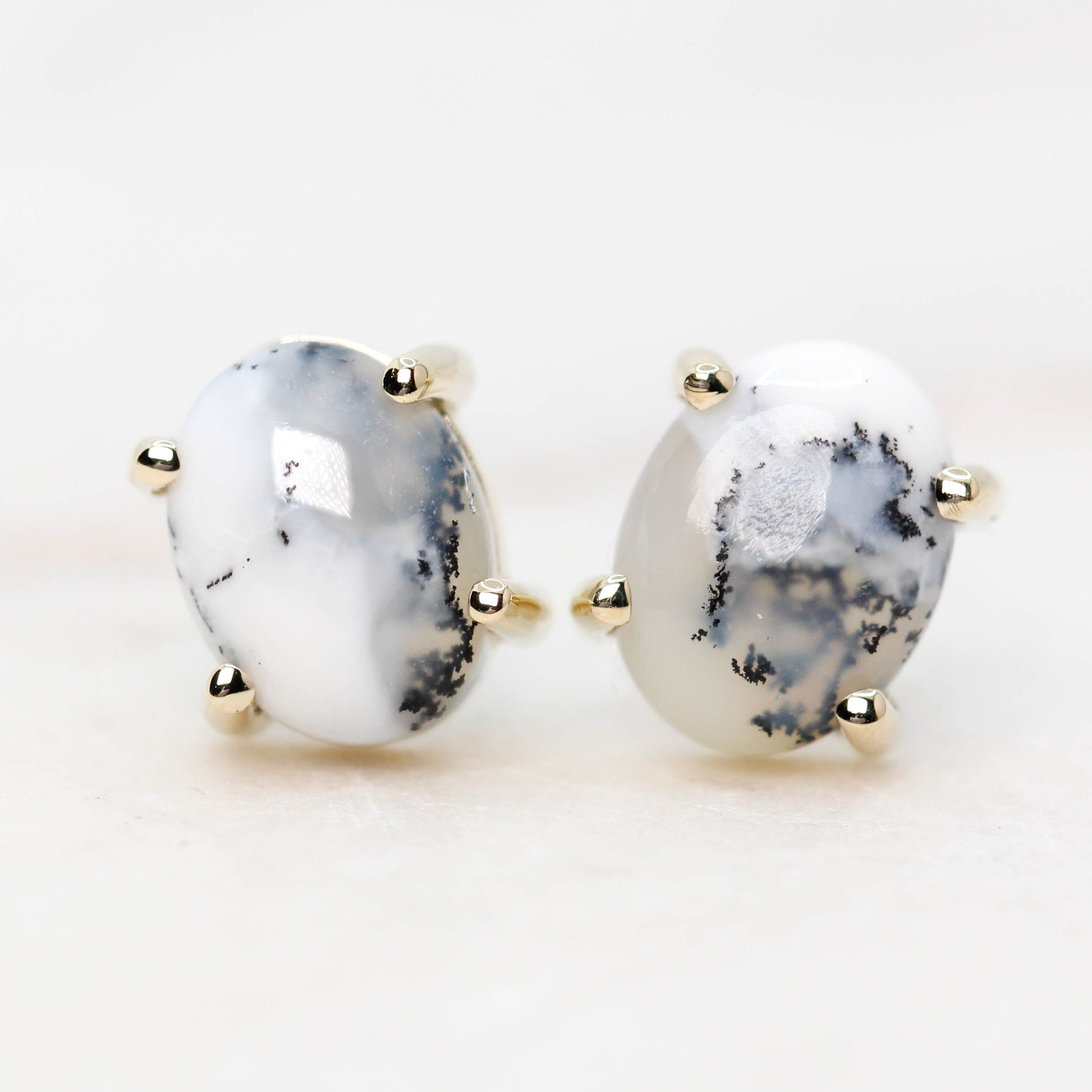 Oval White Dendritic Opal Earrings - 14k Yellow or Rose Gold - Midwinter Co. Alternative Bridal Rings and Modern Fine Jewelry