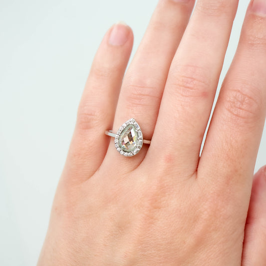 Collins Ring with a 1.00 Carat Clear Pear Moissanite and White Accent Diamonds in 10k White Gold - Ready to Size and Ship - Midwinter Co. Alternative Bridal Rings and Modern Fine Jewelry