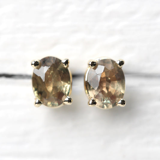 Orange Pink Oval Sapphire Earrings in 14k Yellow Gold - Ready to Ship - Midwinter Co. Alternative Bridal Rings and Modern Fine Jewelry