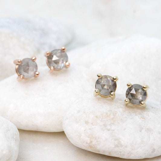 Rose Cut 4.25mm-4.5mm Misty Gray Celestial Diamond Earring Studs in 14k Yellow Gold - Ready to Ship - Midwinter Co. Alternative Bridal Rings and Modern Fine Jewelry