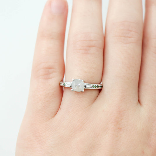 Beckett Ring with a 0.80 Carat Misty Gray Cushion Cut Diamond and Green Accent Diamonds in 14k White Gold - Ready to Size and Ship - Midwinter Co. Alternative Bridal Rings and Modern Fine Jewelry