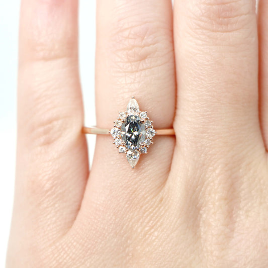 Noelle Ring with a 0.80 Carat Gray Oval Moissanite and Moissanite Accents - Made to Order, Choose Your Gold Tone - Midwinter Co. Alternative Bridal Rings and Modern Fine Jewelry