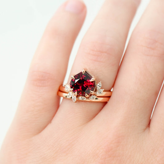 Chantell Ring with a 4.04 Carat Geometric Rhodolite Garnet and White Accent Diamonds in 14k Rose Gold with Matching Band - Ready to Size and Ship - Midwinter Co. Alternative Bridal Rings and Modern Fine Jewelry